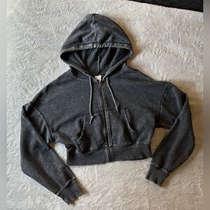 No Boundaries - Grey Acid Washed Cropped Zip-Up Hoodie